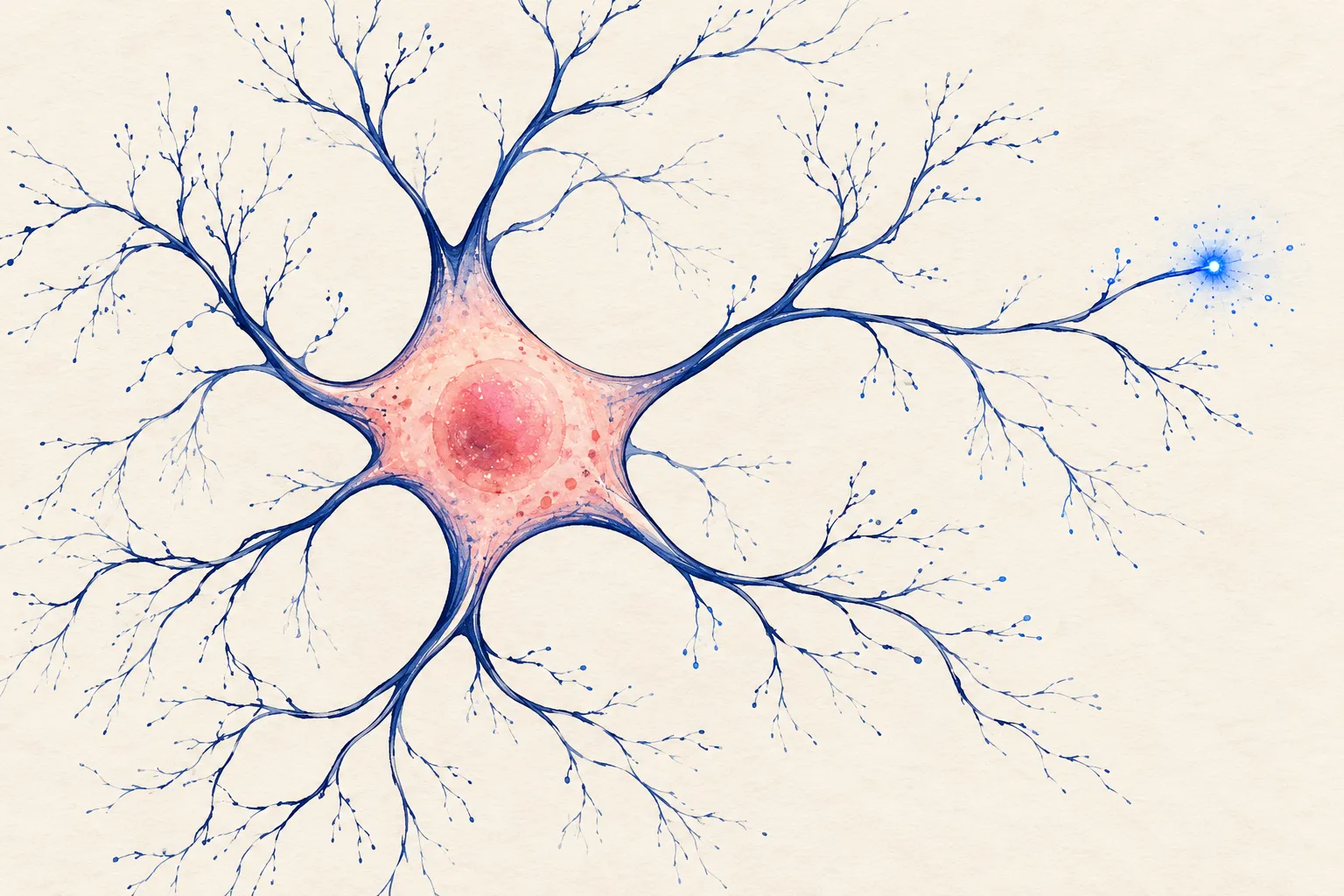 Illustrazione di un neurone rosa con ramificazioni blu e un punto luminoso.